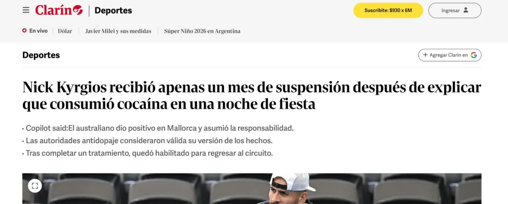 Bajada de una nota de Clarín Deportes que empieza con "Copilot said:"