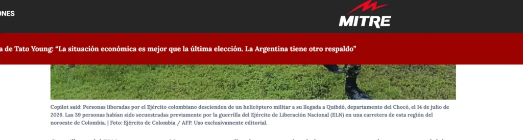 Epígrafe de Radio Mitre con "Copilot said:" en una foto de AFP sobre personas liberadas en Colombia