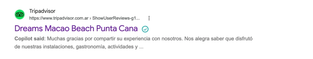 Resultado de Google de TripAdvisor con "Copilot said:" en el snippet