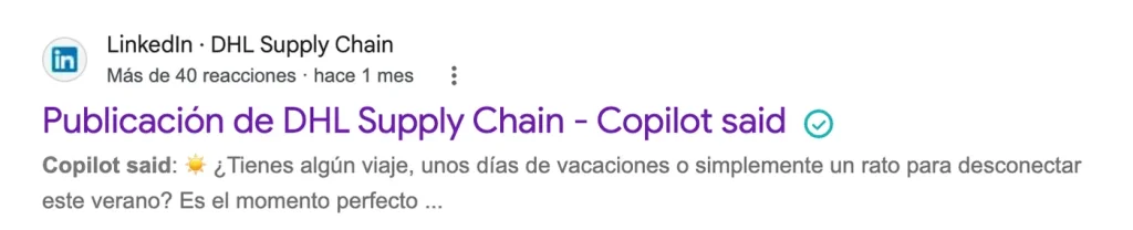 Resultado de Google de un post de DHL Supply Chain en LinkedIn titulado "Copilot said"