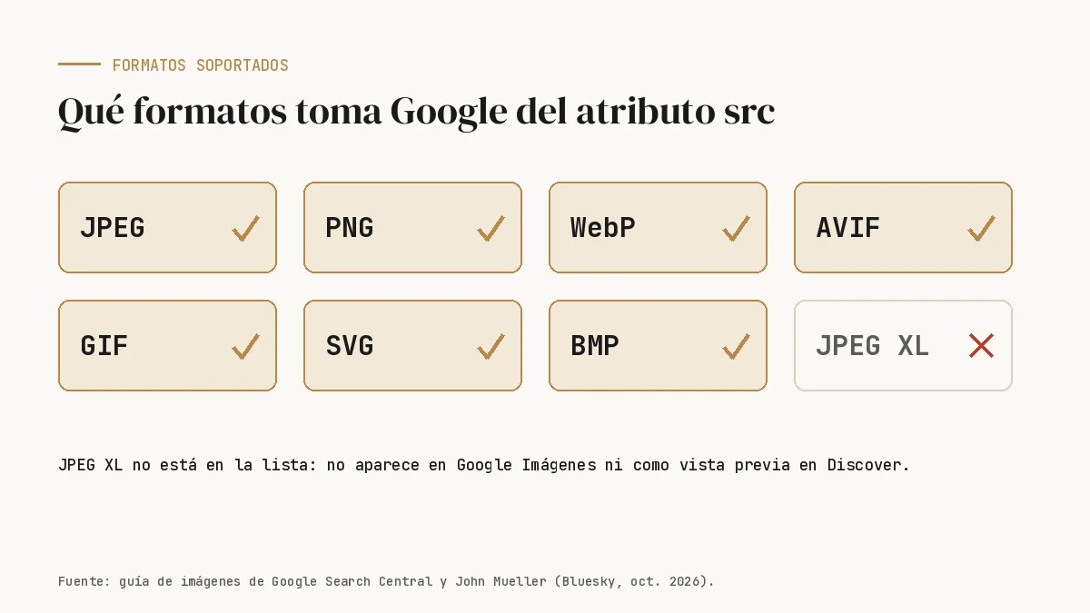 Formatos de imagen que acepta Google Search: JPEG, PNG, WebP, AVIF, GIF, SVG y BMP; JPEG XL no