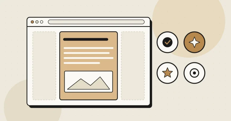 Ilustración de una página web con el contenido principal resaltado y cuatro sellos de calidad